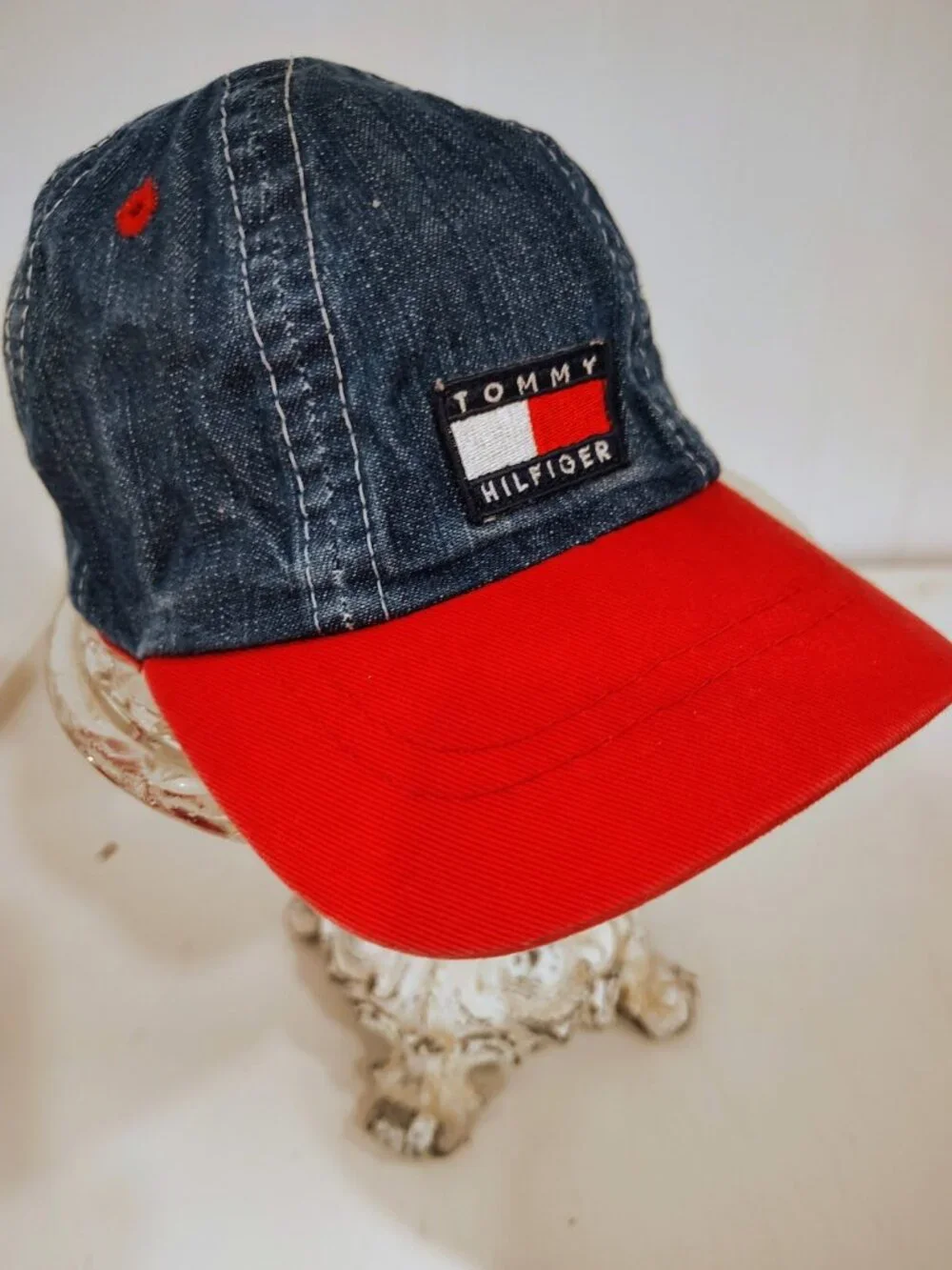 Vintage 1990s TOMMY HILFIGER Blue/Red Denim Cap For Infant/Toddler Hat EUC